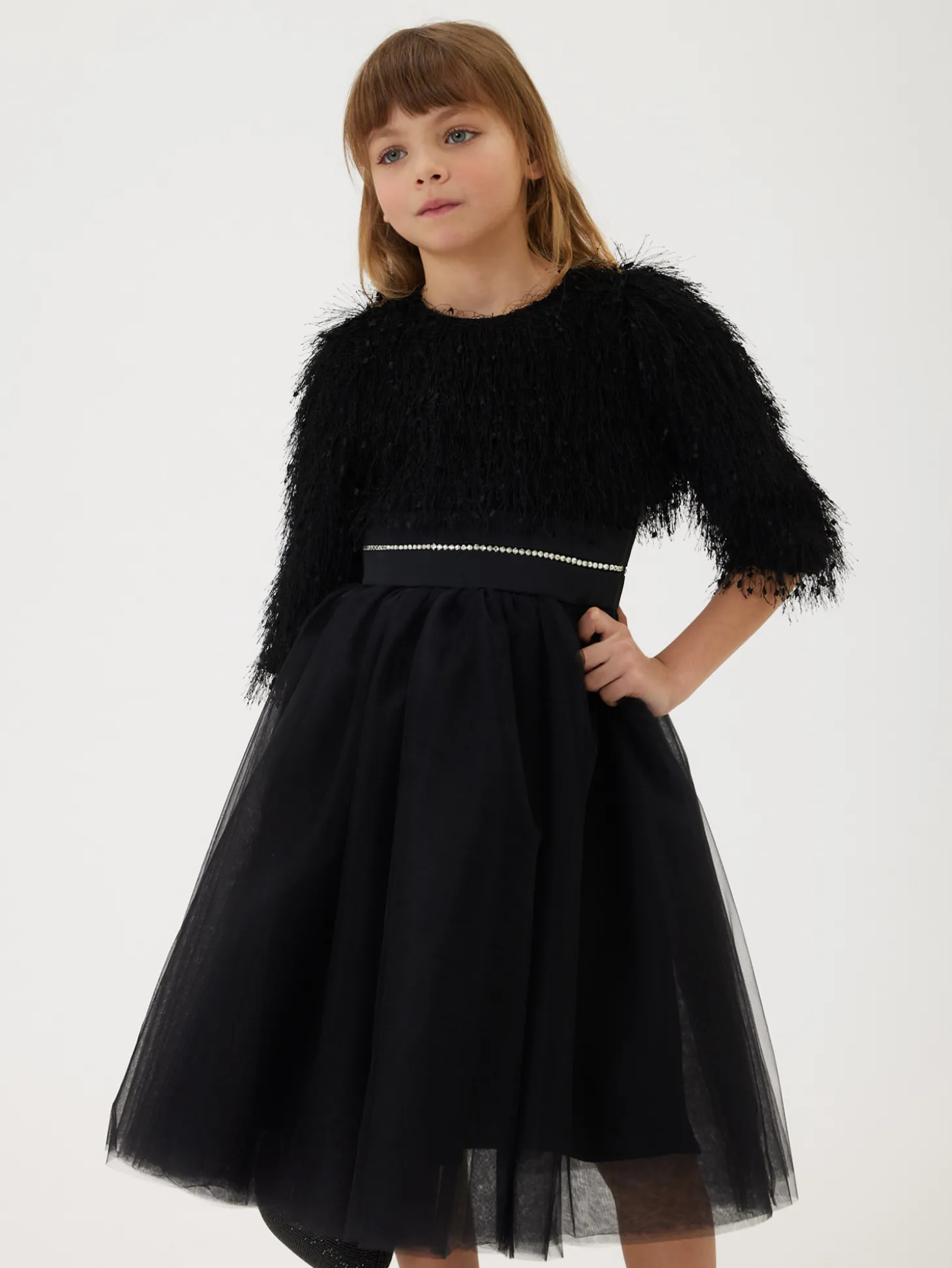 Abito tulle manoseta con frangette