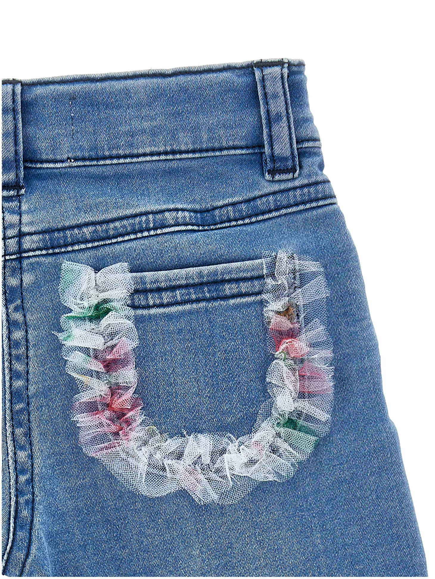 Pantaloni denim ricamato con galette