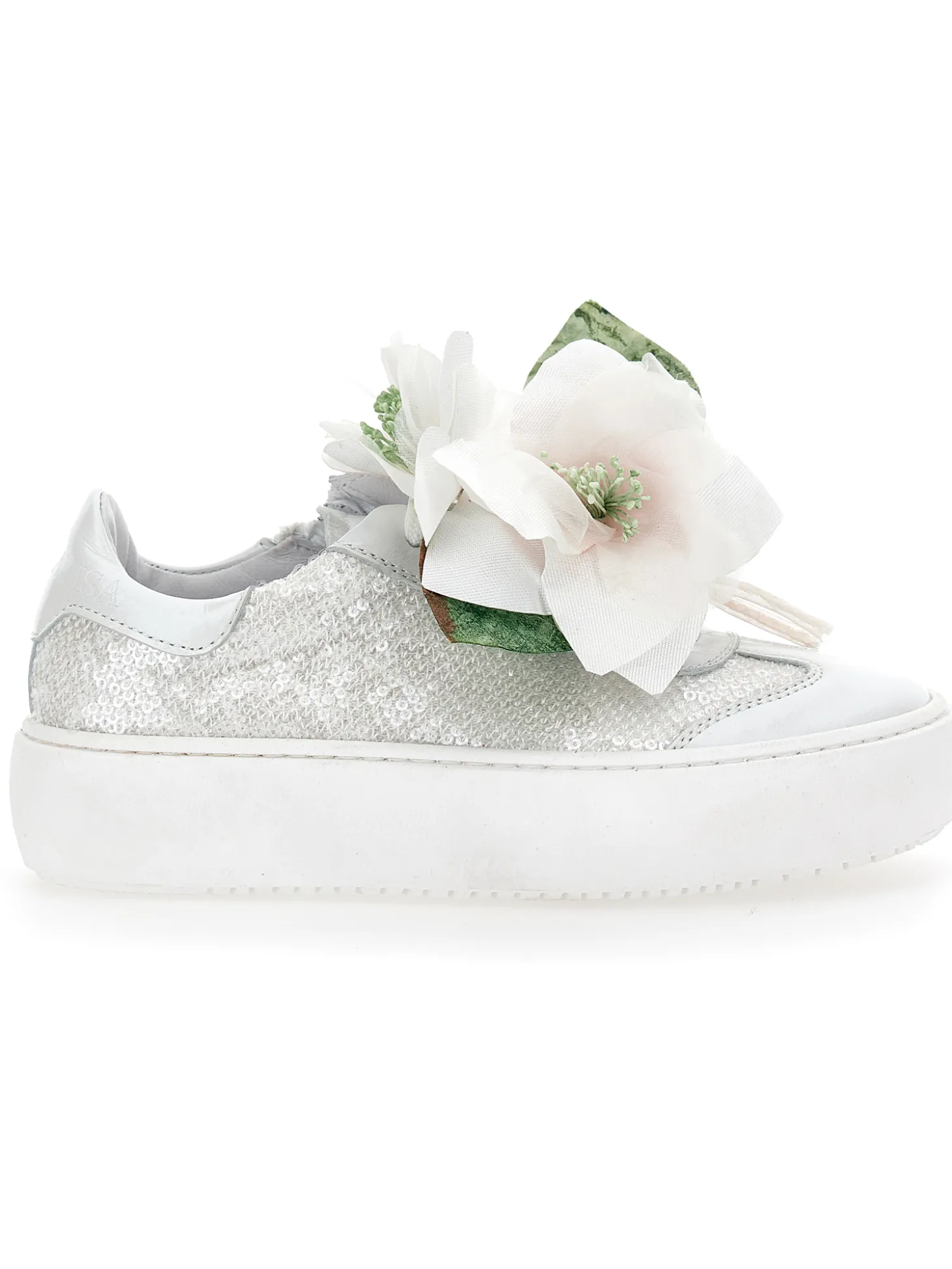Sneakers pelle e paillettes con magnolia